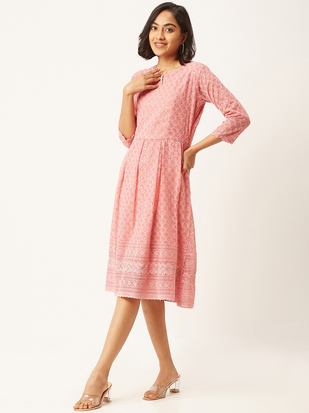 

ODETTE Sequined Embroidered Fit & Flare Dress, Pink