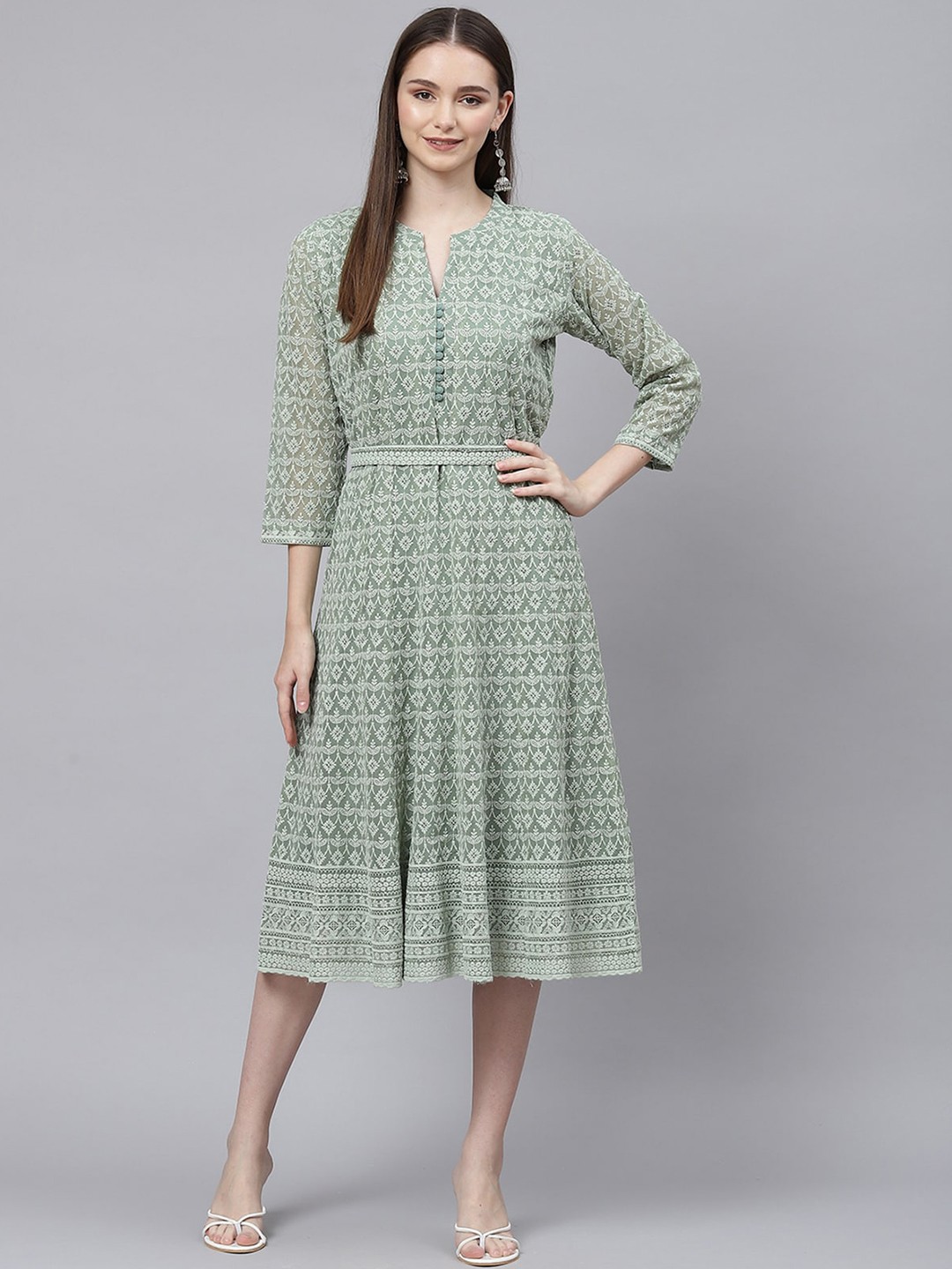 

ODETTE Sequined Embroidered Mandarin Collar A-Line Midi Dress, Green