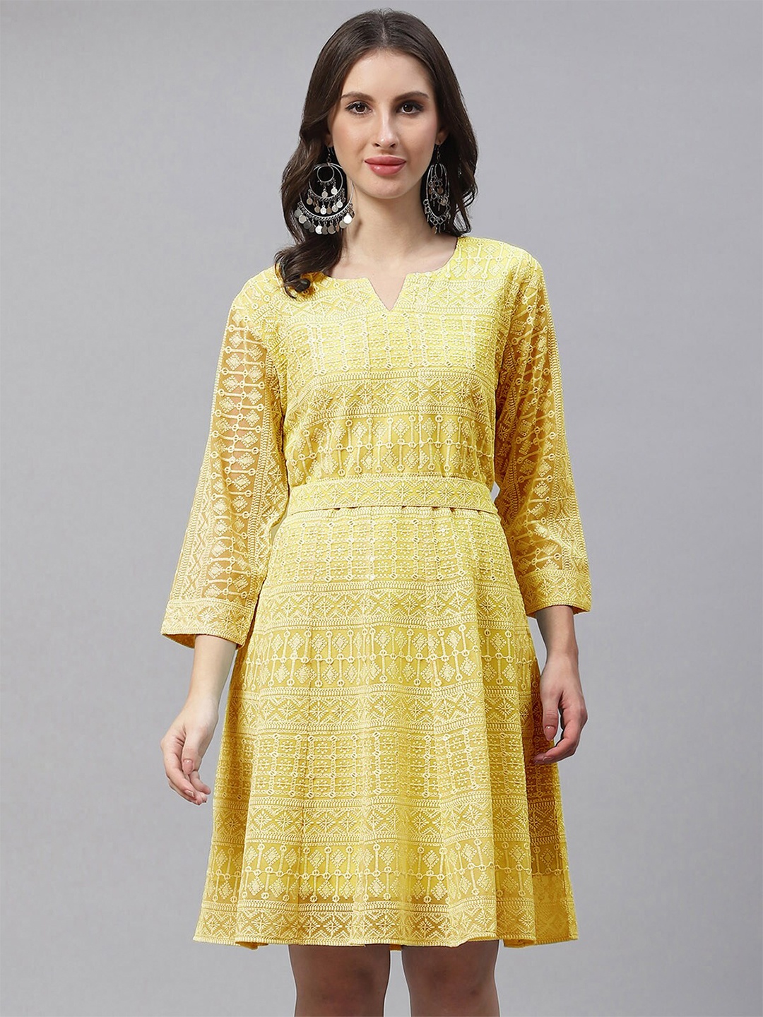 

ODETTE Sequined Embroidered A-Line Dress, Yellow