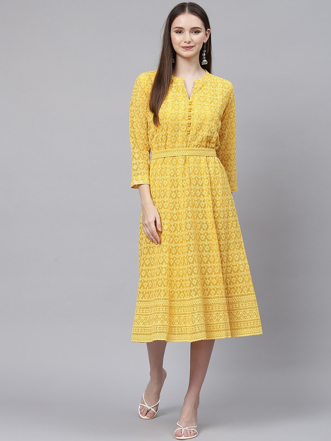

ODETTE Sequined Embroidered Mandarin Collar A-Line Midi Dress, Mustard
