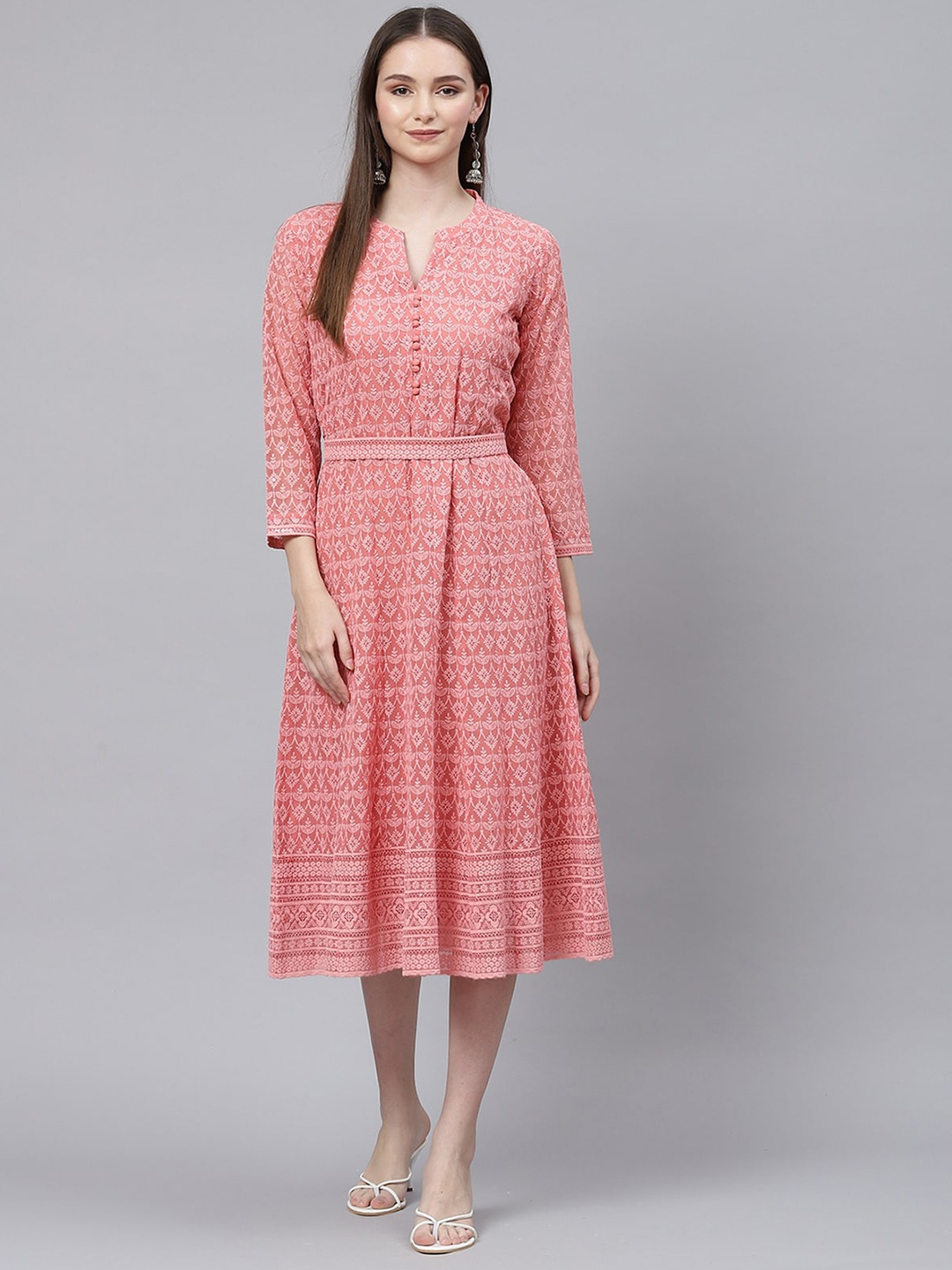 

ODETTE Sequined Embroidered Mandarin Collar A-Line Midi Dress, Peach