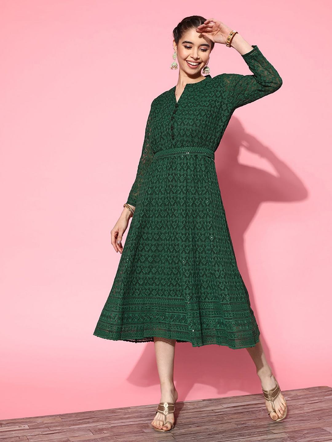 

ODETTE Sequined Embroidered Mandarin Collar A-Line Midi Dress, Green