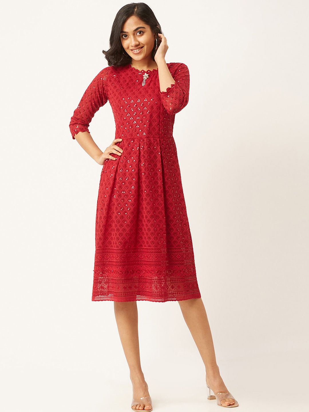 

ODETTE Sequined Embroidered Fit & Flare Dress, Maroon