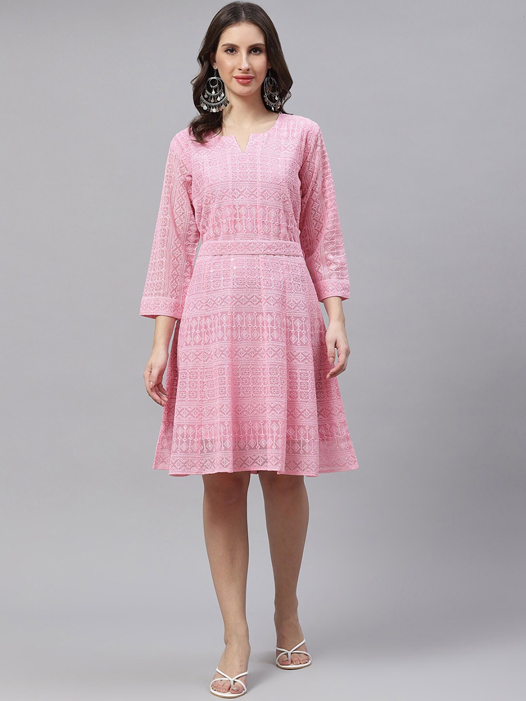 

ODETTE Sequined Embroidered A-Line Dress, Pink