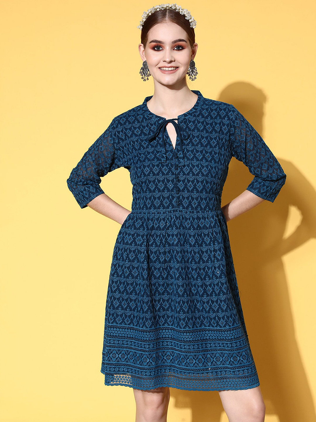 

ODETTE Sequined Embroidered Tie-Up Neck A-Line Dress, Teal