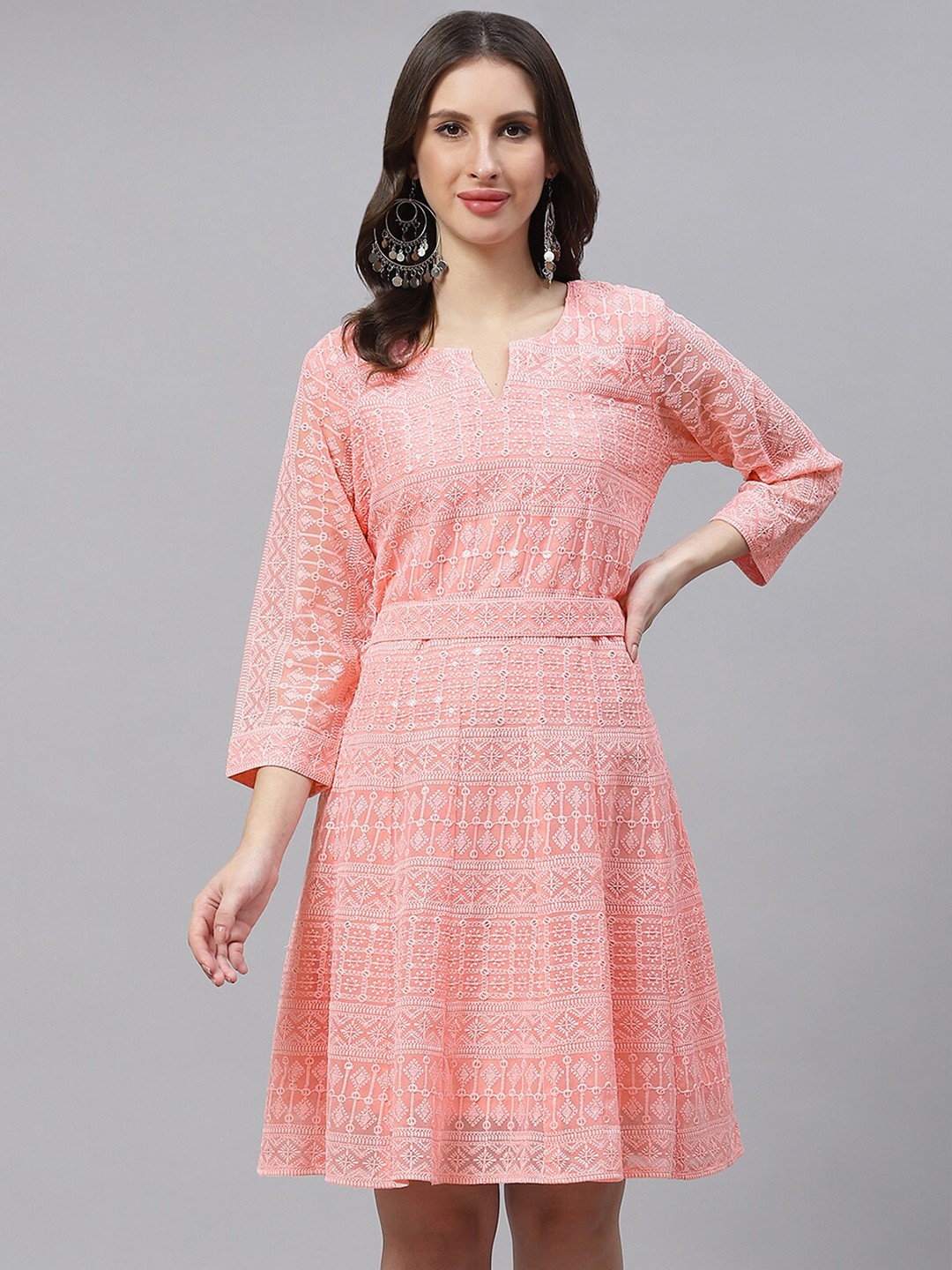 

ODETTE Sequined Embroidered Fit & Flare Dress, Peach