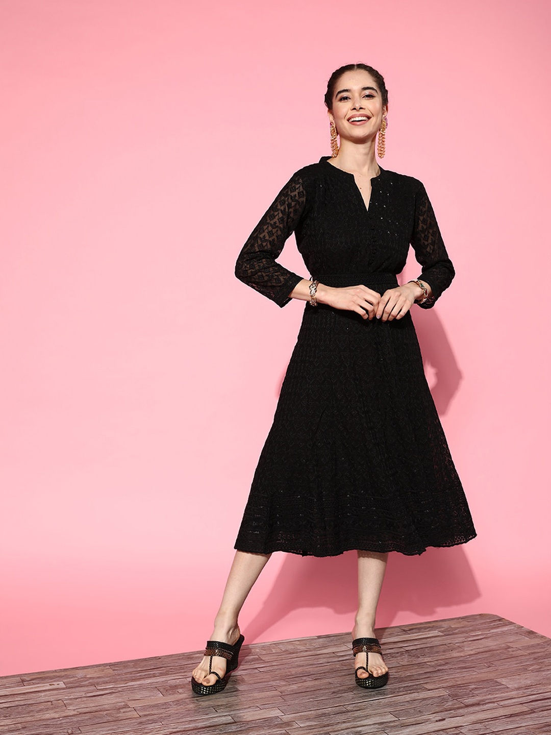 

ODETTE Sequined Embroidered Mandarin Collar A-Line Midi Dress, Black