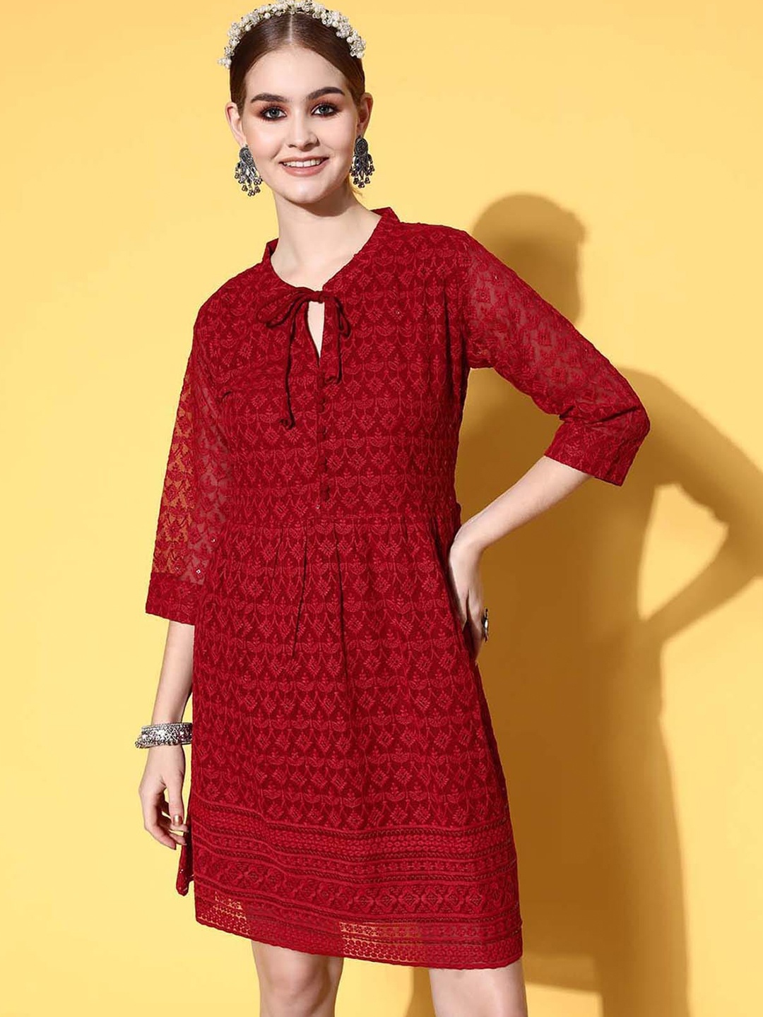 

ODETTE Sequined Embroidered Tie-Up Neck A-Line Midi Dress, Maroon