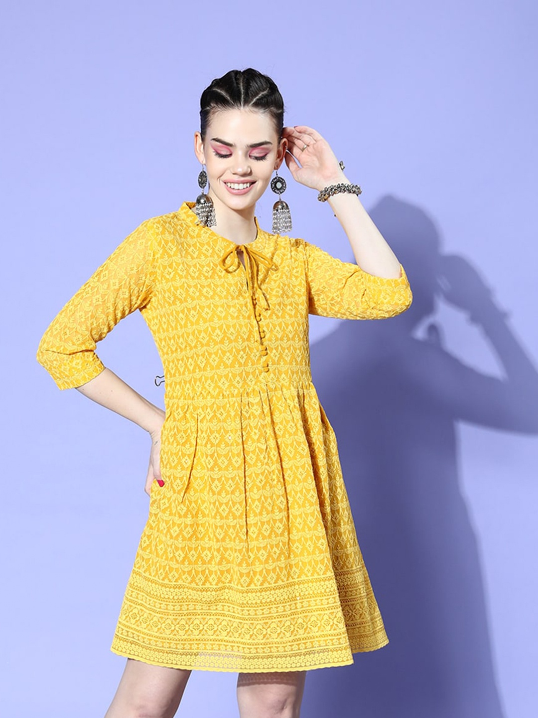 

ODETTE Ethnic Motifs Embroidered Tie Up Neck Georgette Fit & Flare Dress, Mustard