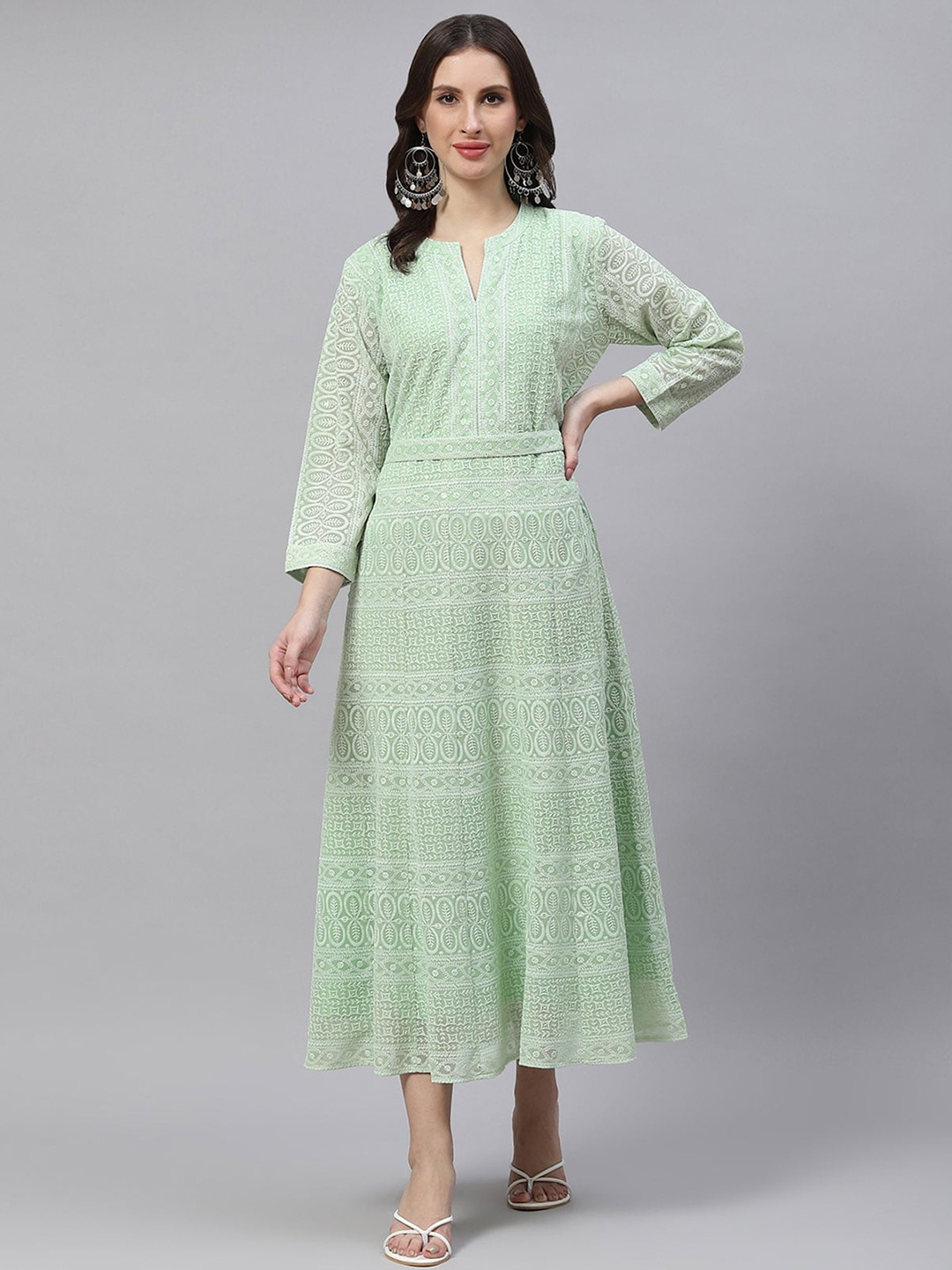 

ODETTE Ethnic Motifs Embroidered Mandarin Collar Belted Georgette A-Line Midi Dress, Green