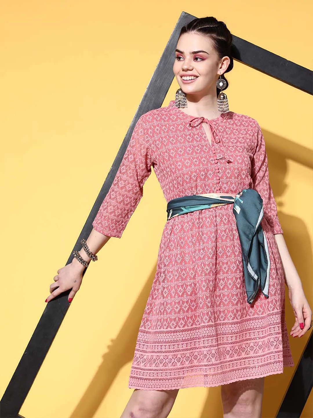 

ODETTE Ethnic Motifs Embroidered Tie Up Neck Georgette Fit & Flare Dress, Pink