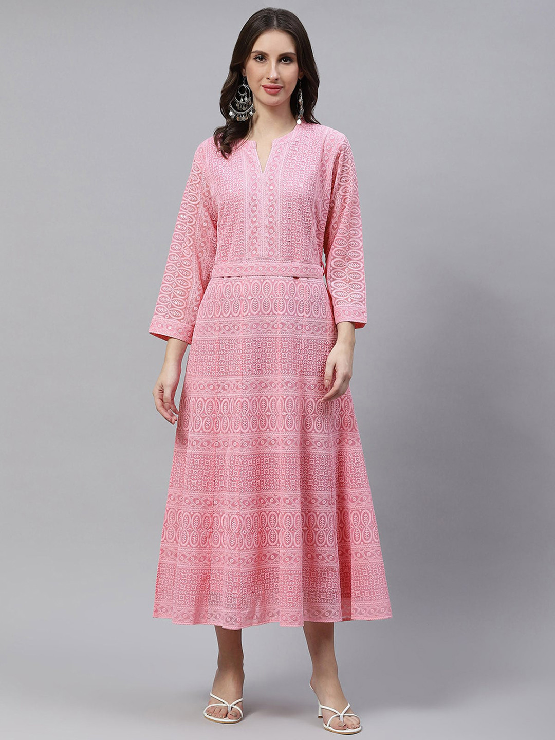 

ODETTE Ethnic Motifs Embroidered Mandarin Collar Belted Georgette A-Line Midi Dress, Pink