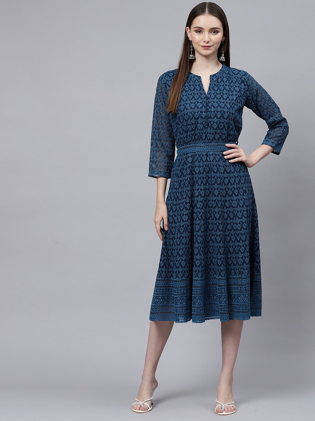 

ODETTE Ethnic Motifs Embroidered Mandarin Collar Belted Georgette A-Line Midi Dress, Teal