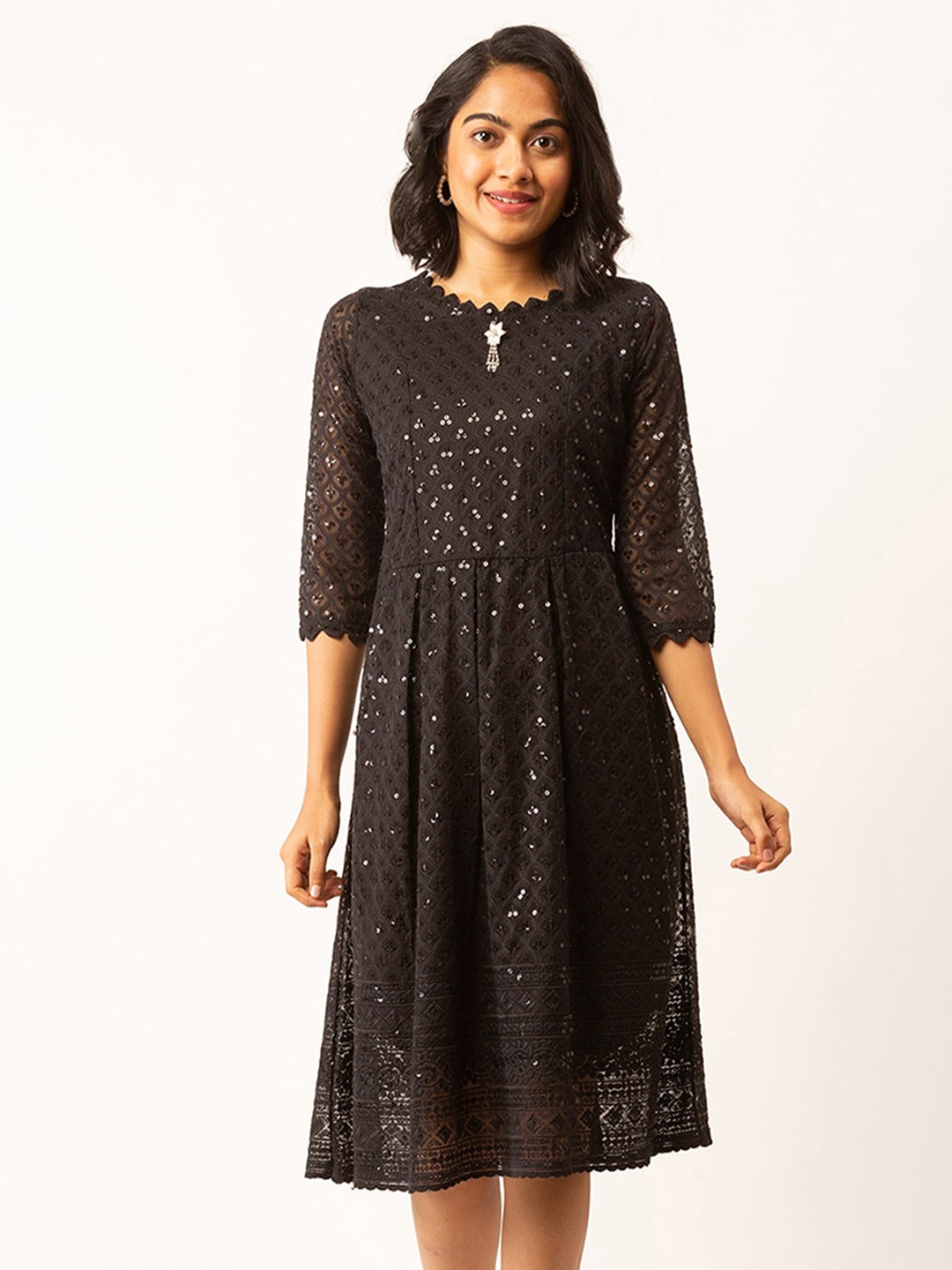 

ODETTE Ethnic Motifs Embroidered Sequined Georgette A-Line Dress, Black