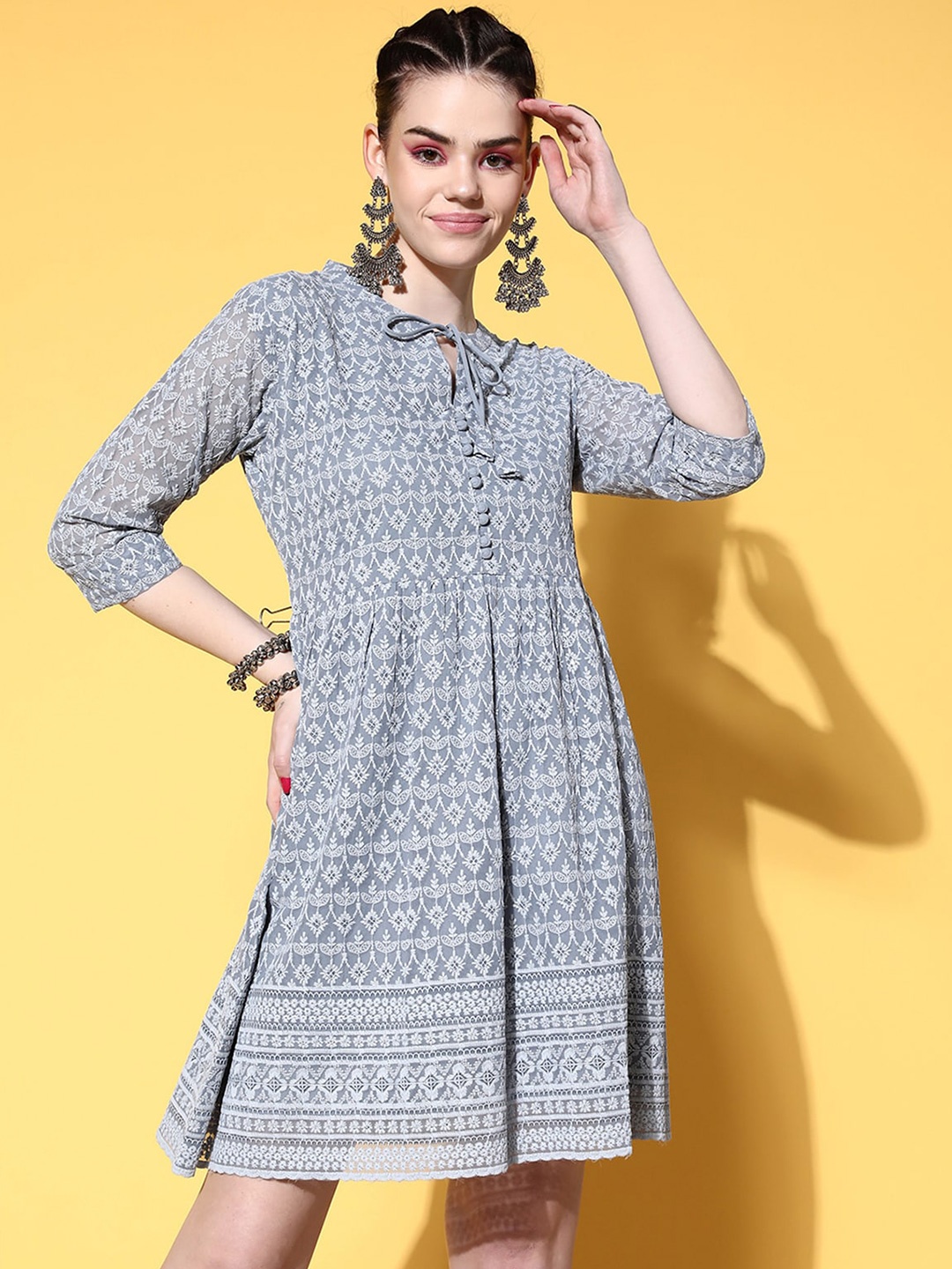 

ODETTE Ethnic Motifs Embroidered Tie Up Neck Georgette A-Line Dress, Grey