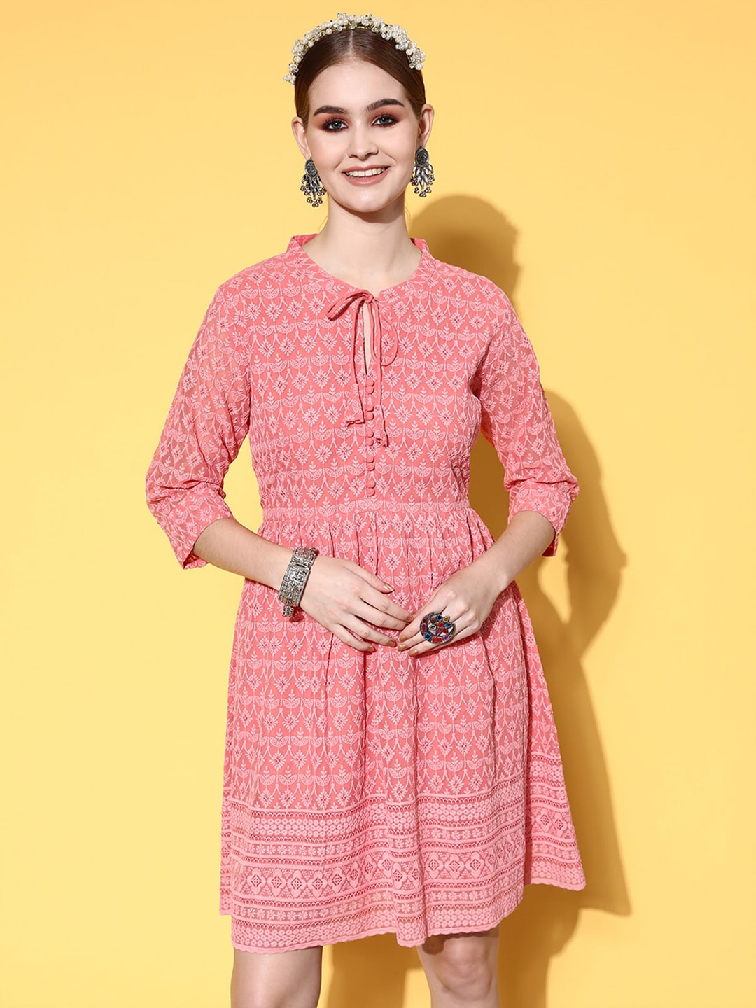

ODETTE Ethnic Motifs Embroidered Tie Up Neck Georgette A-Line Dress, Peach