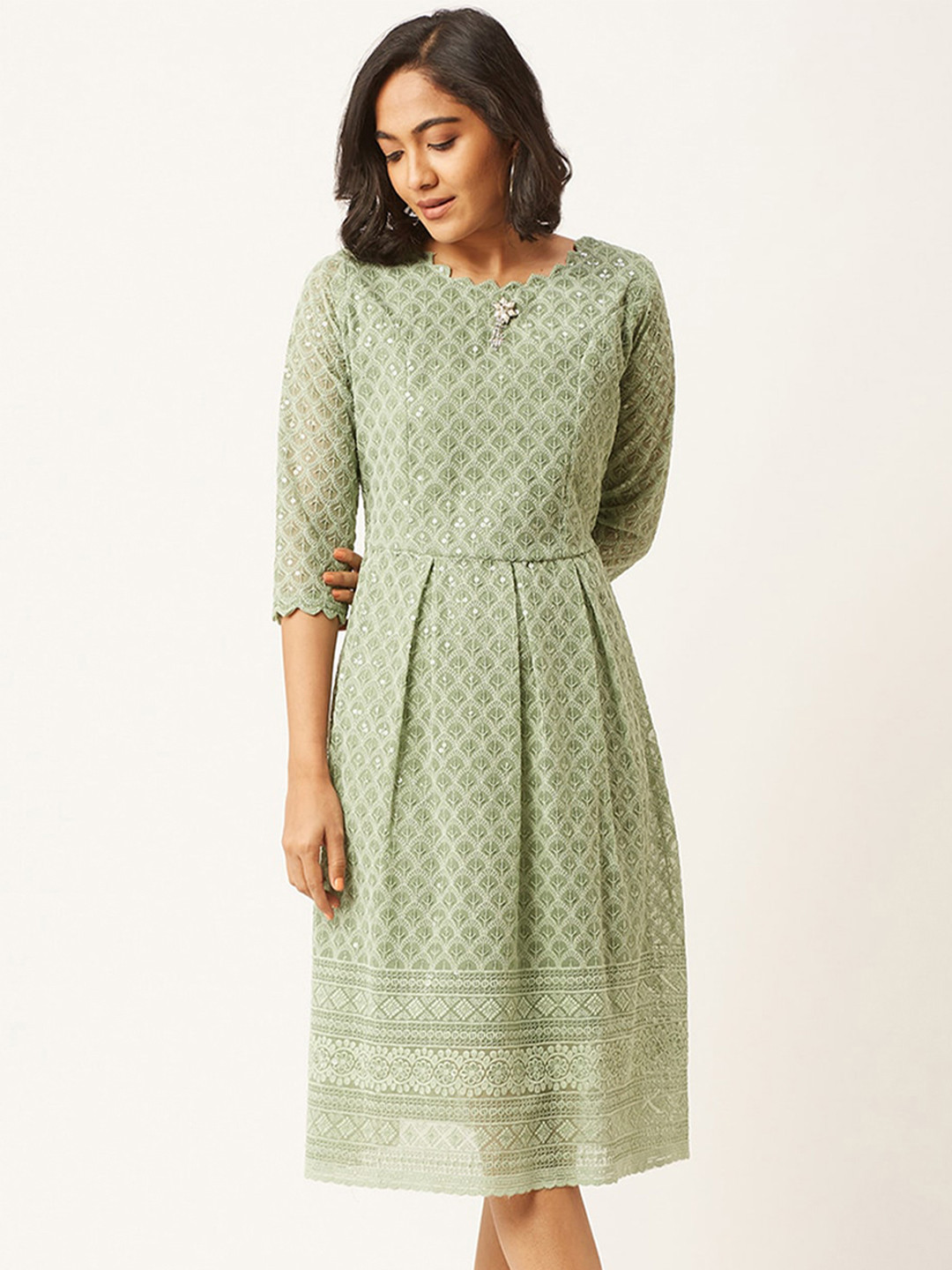 

ODETTE Ethnic Motifs Embroidered Sequined & Pleated Georgette Fit & Flare Dress, Green