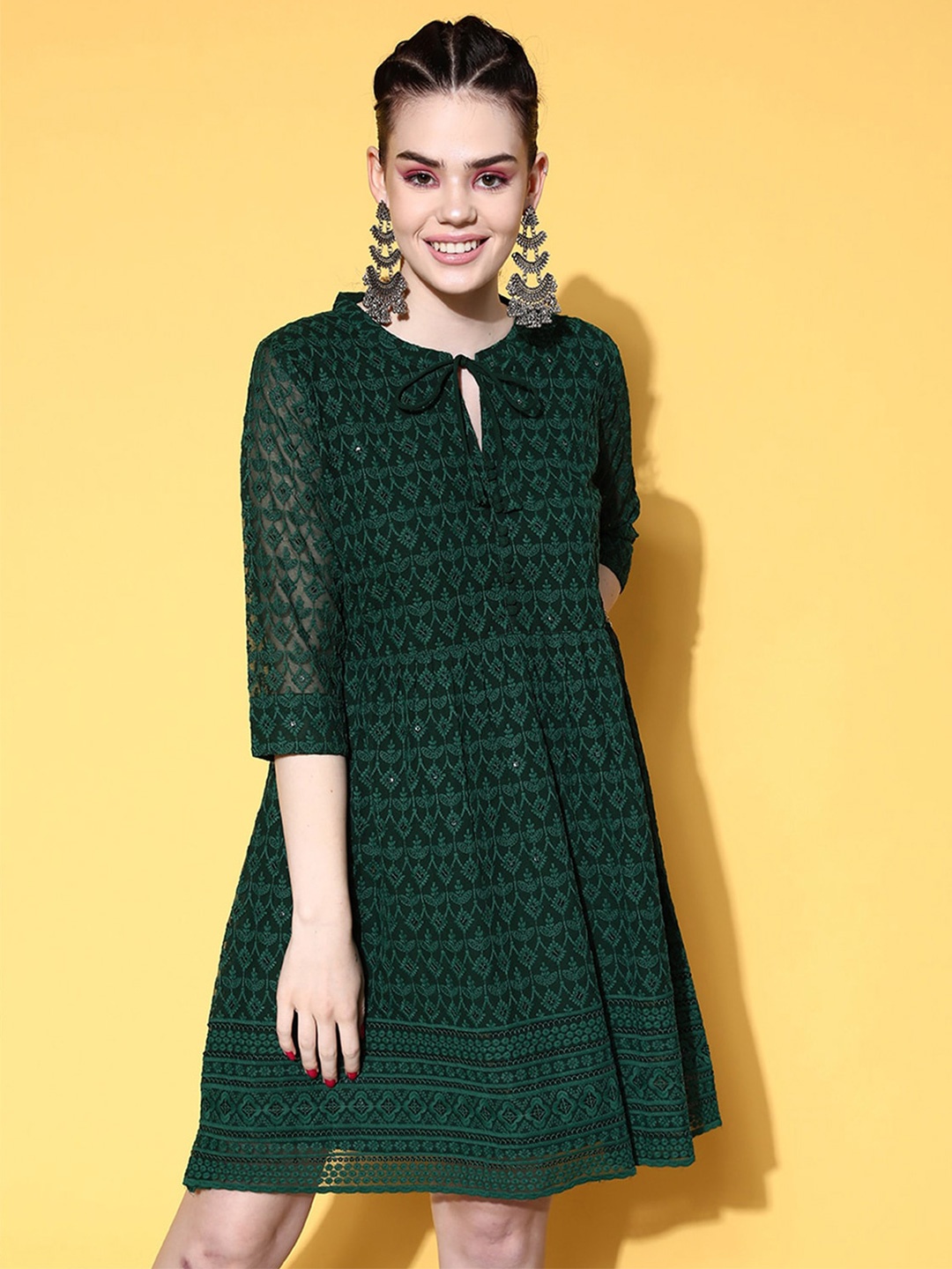 

ODETTE Ethnic Motifs Embroidered Tie Up Neck A-Line Dress, Green