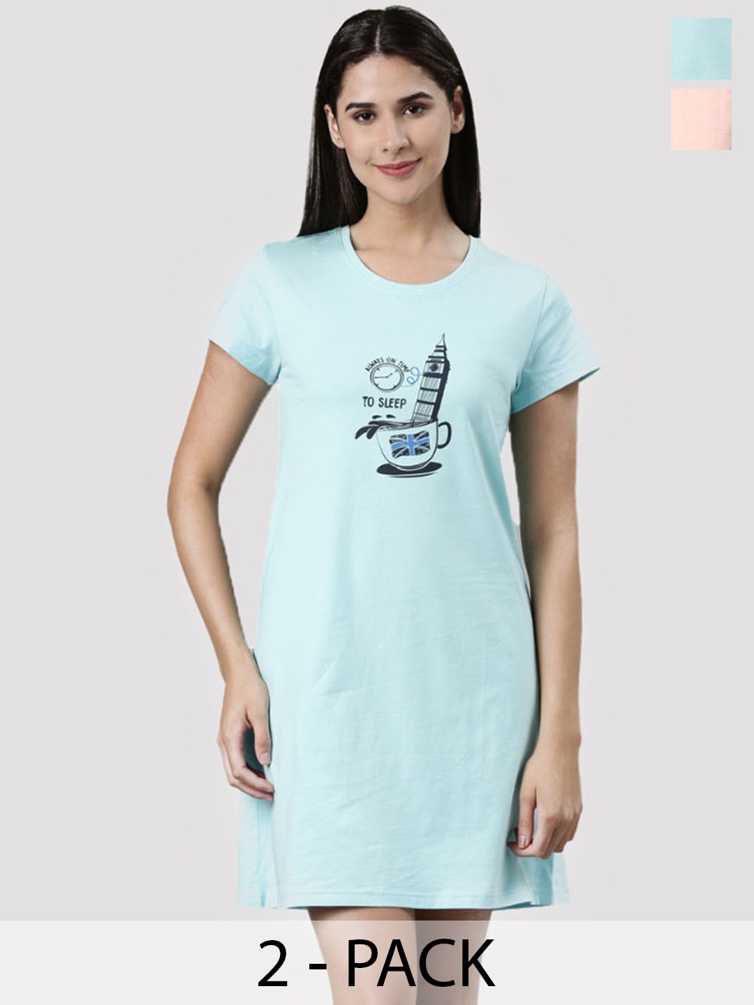 

Pepe Jeans Pack of 2 Blue Printed Pure Cotton Nightdress