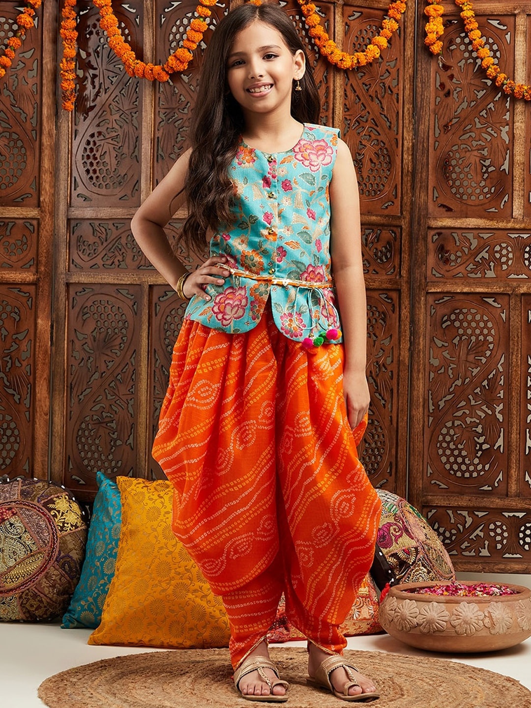 

pspeaches Girls Floral Printed Regular Gotta Patti Kurti With Dhoti Pants, Green