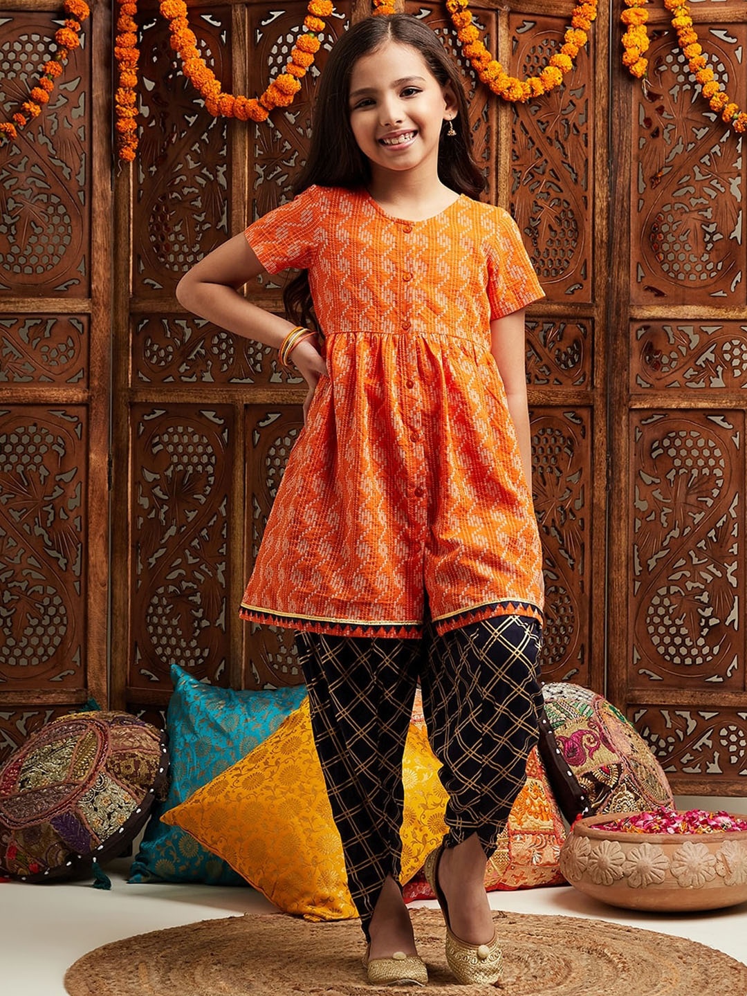 pspeaches Girls Printed Regular Kurta With Dhoti Pants, Orange