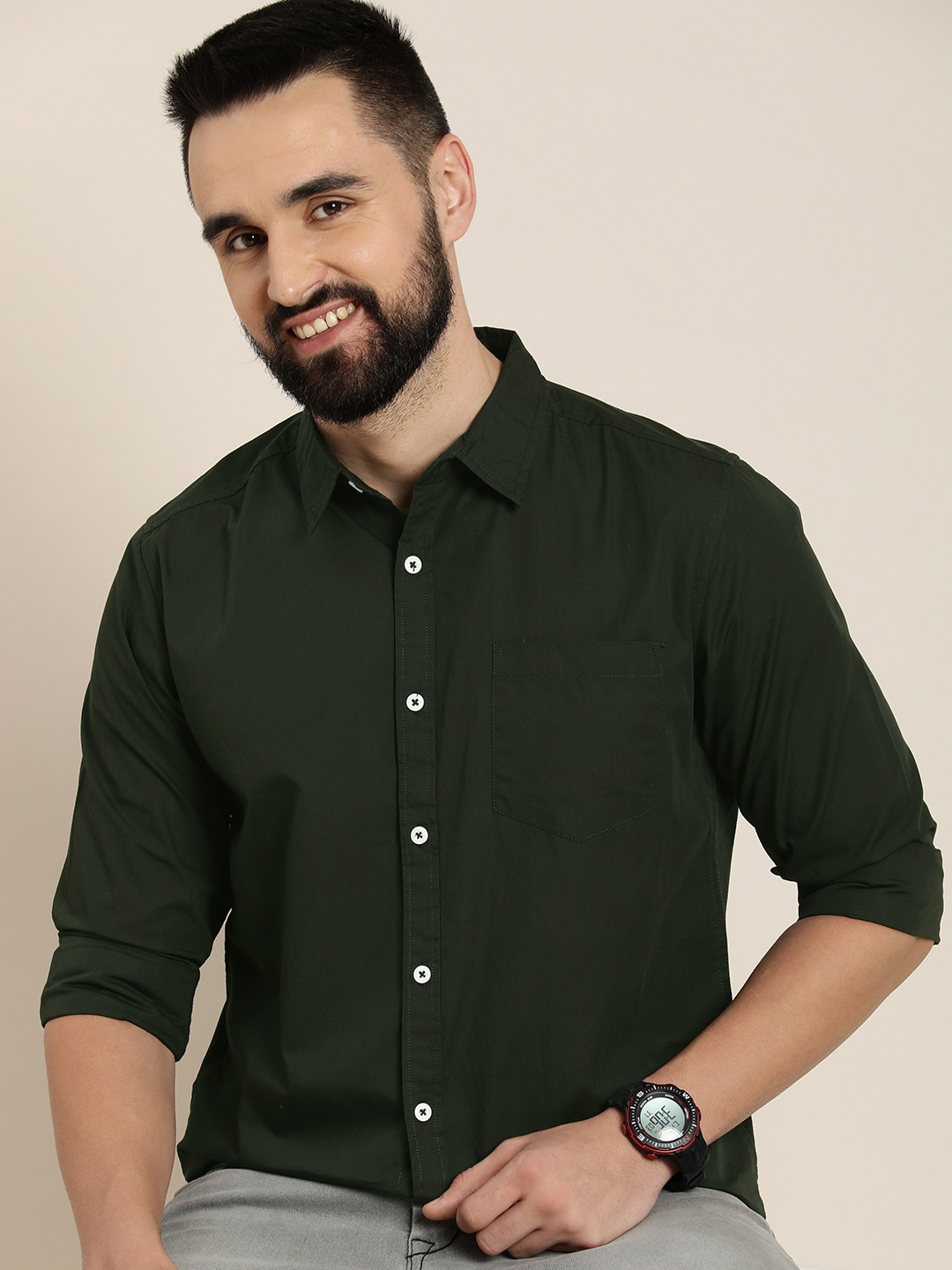 

HERE&NOW Men Slim Fit Opaque Pure Cotton Casual Shirt, Olive