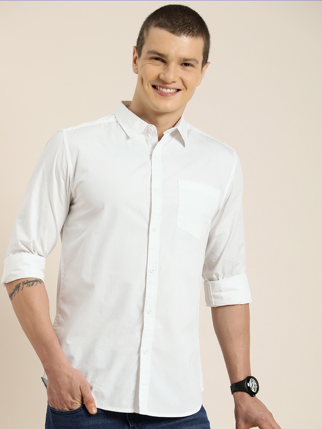 

HERE&NOW Men Slim Fit Opaque Pure Cotton Casual Shirt, White