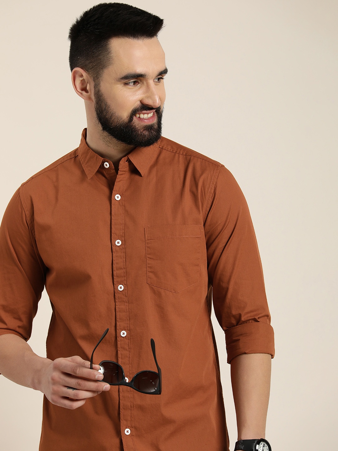

HERE&NOW Men Slim Fit Opaque Pure Cotton Casual Shirt, Rust