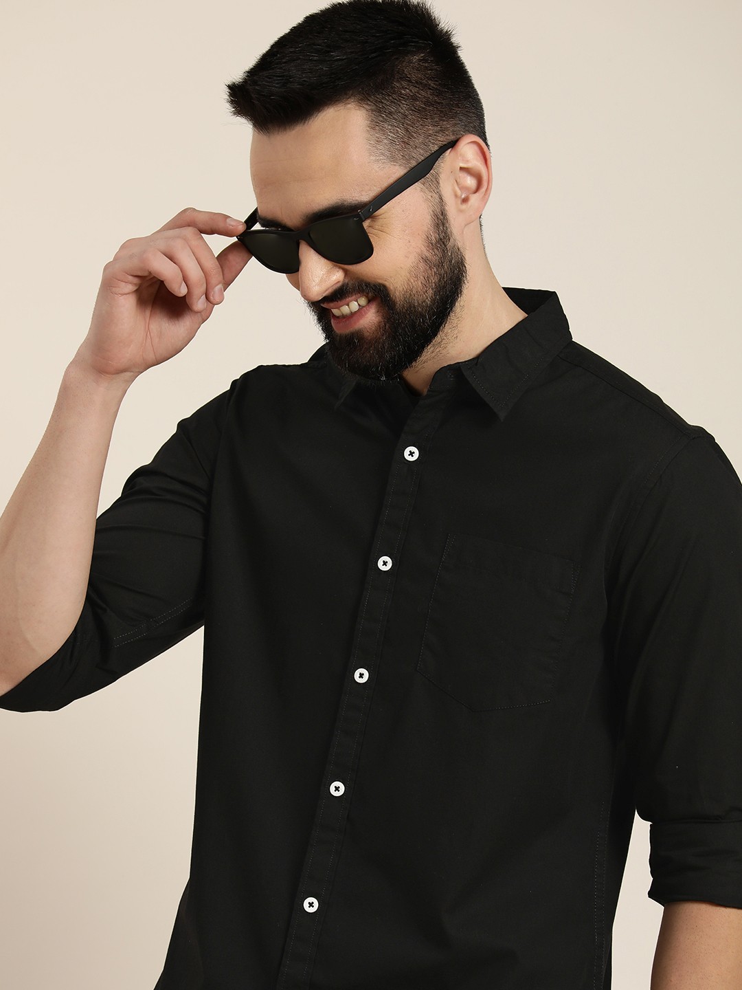 

HERE&NOW Men Slim Fit Opaque Pure Cotton Casual Shirt, Black