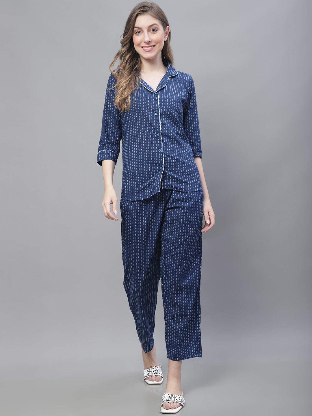 

TAG 7 Striped Printed Lapel Collar Pure Cotton Night suit, Blue