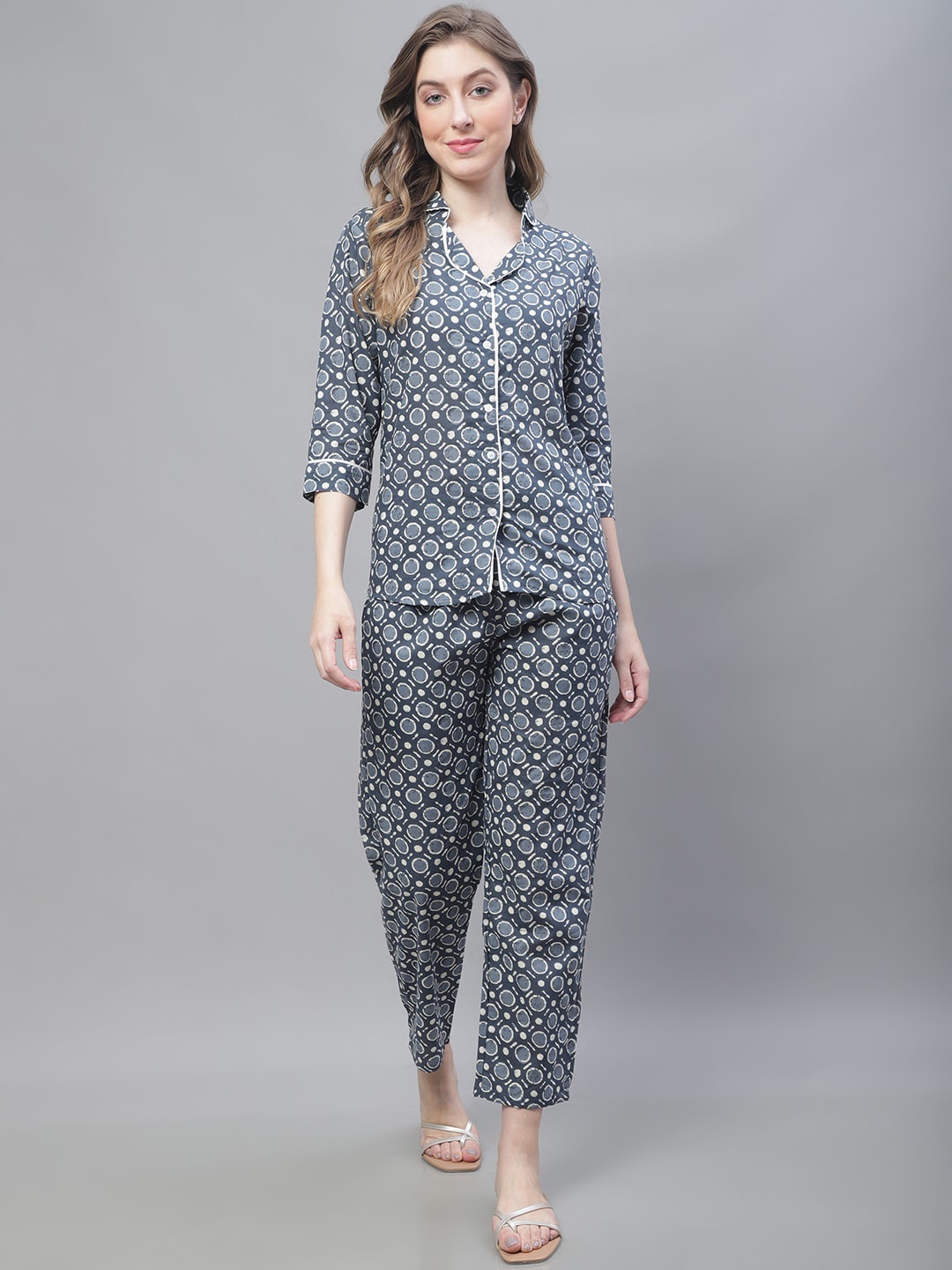 

TAG 7 Geometric Printed Pure Cotton Night suit, Grey