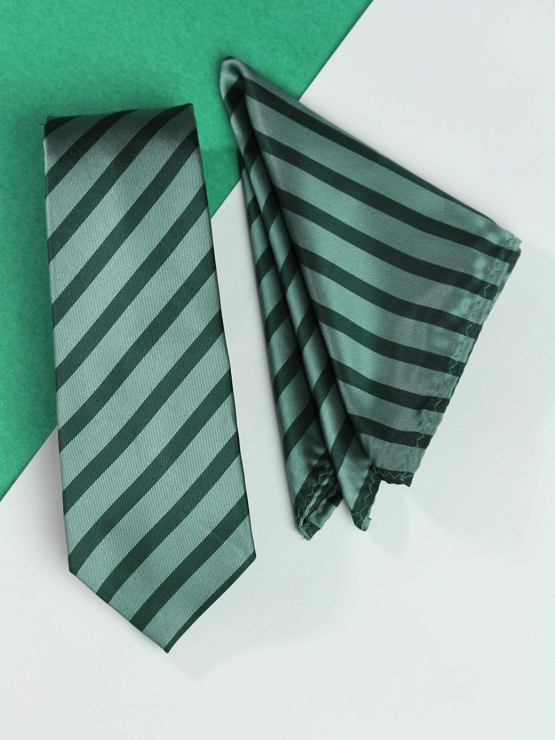 Tossido Men Striped Tie and Pocket Square Accessory Gift Set, Green