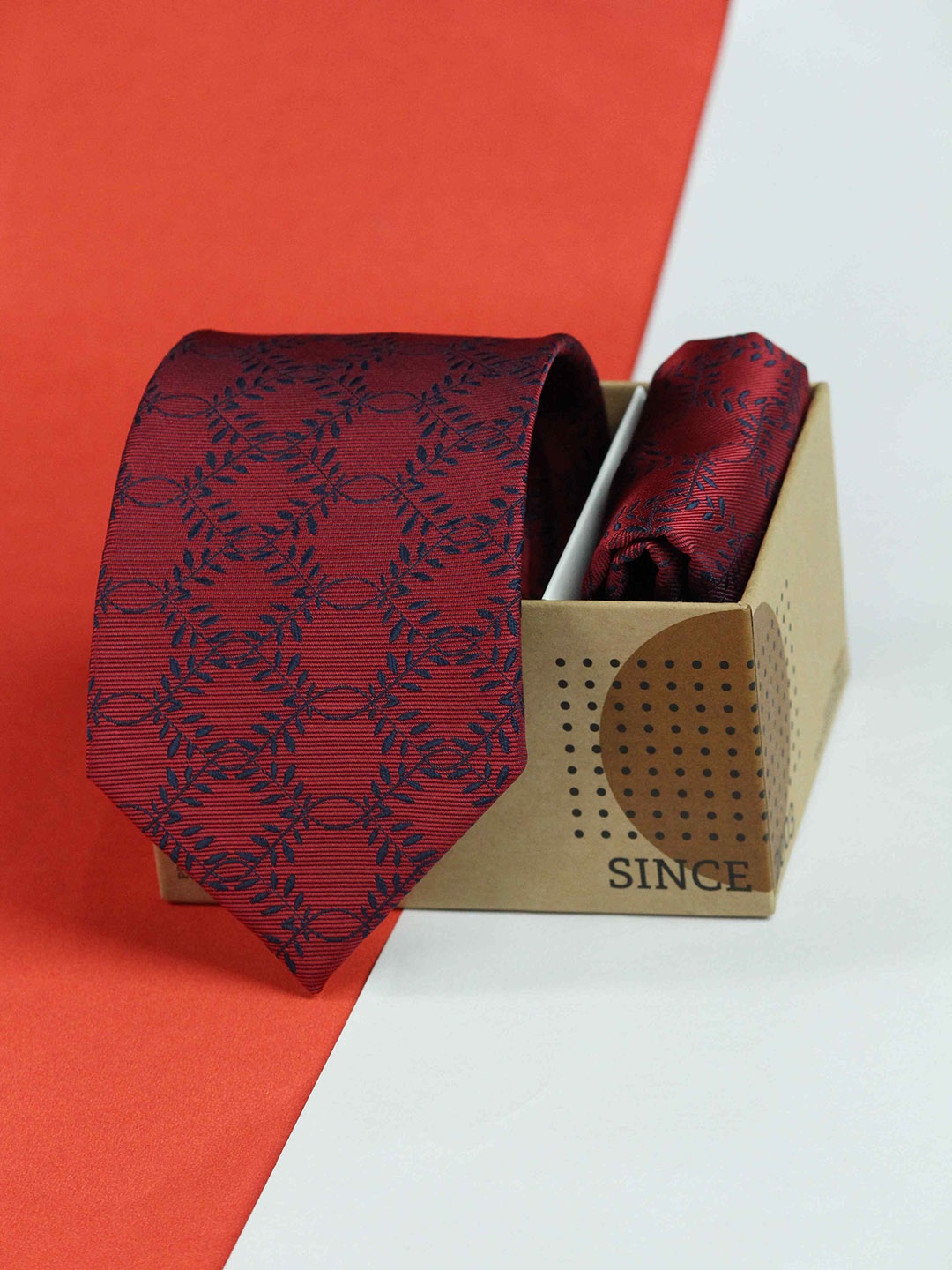 Tossido Men Printed Tie & Pocket Square Accessory Gift Set, Maroon