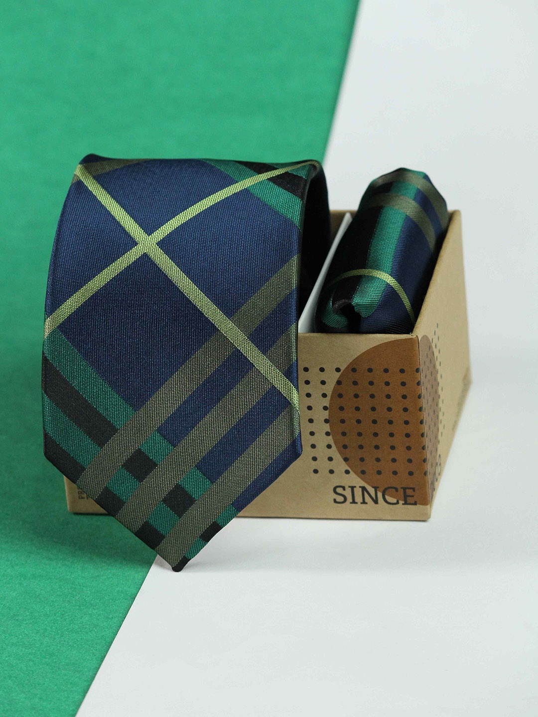 

Tossido Men Checked Tie and Pocket Square Accessory Gift Set, Navy blue