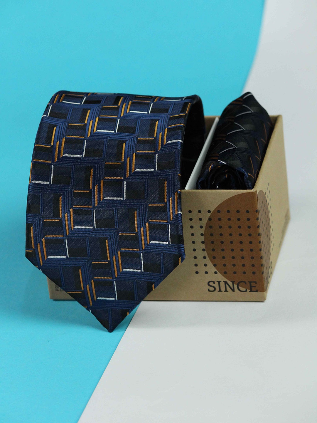 

Tossido Men Woven Design Tie And Pocket Square Accessory Gift Set, Navy blue