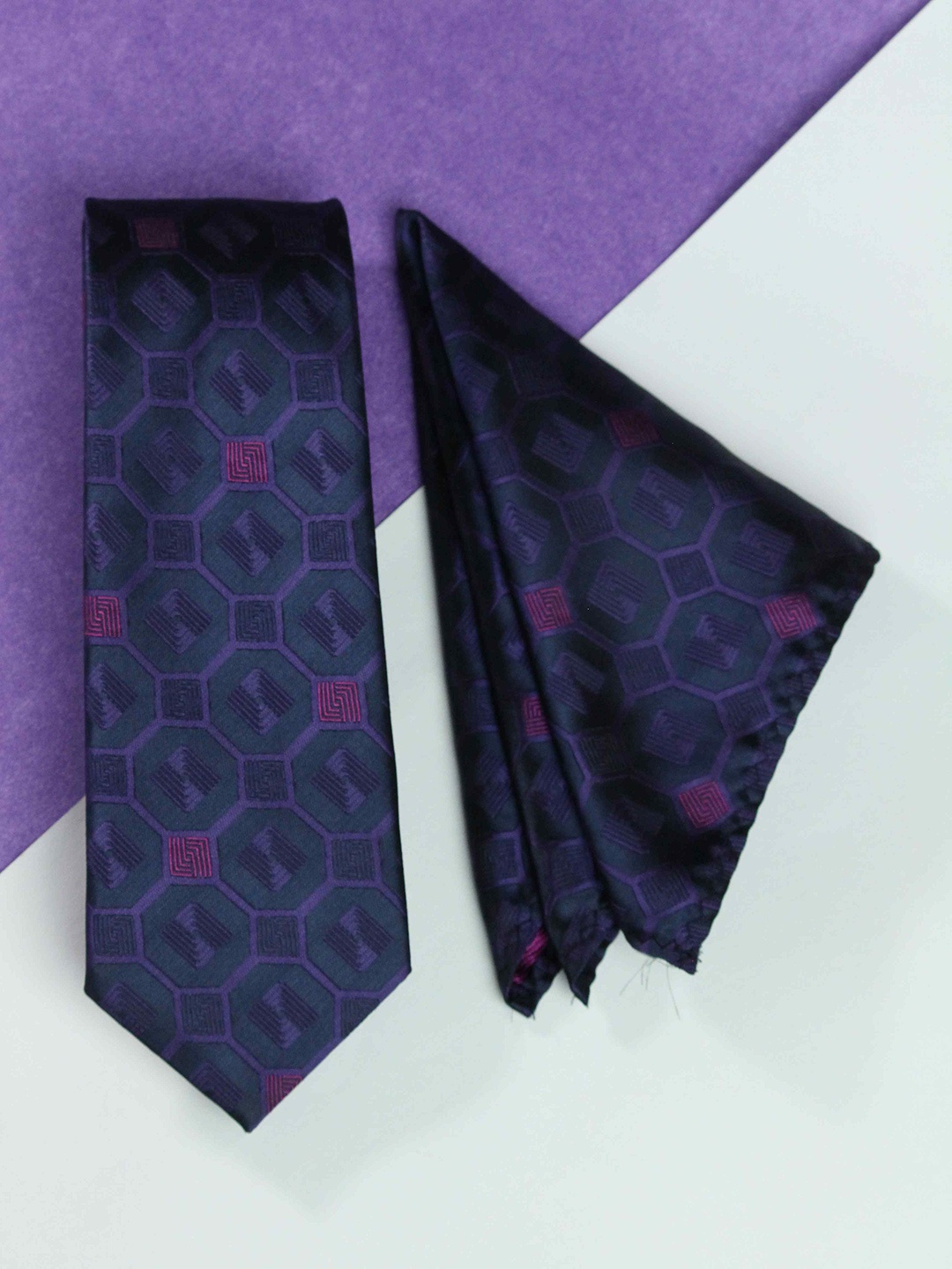 Tossido Men Woven Design Tie And Pocket Square Accessory Gift Set, Navy blue