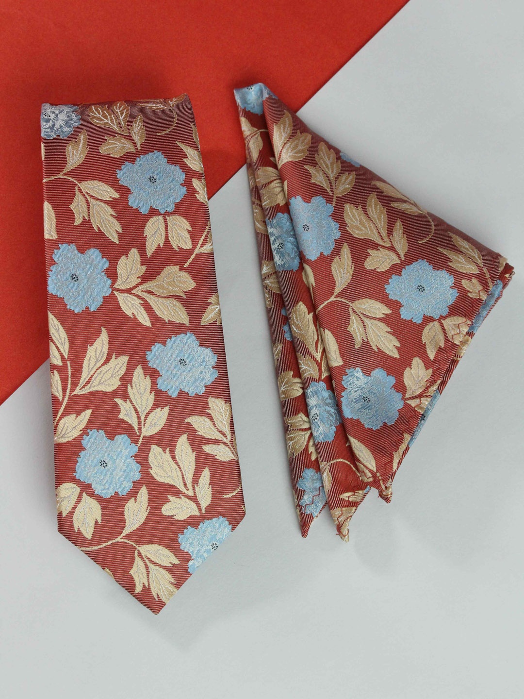 

Tossido Men Floral Woven Design Tie And Pocket Square Accessory Gift Set, Red
