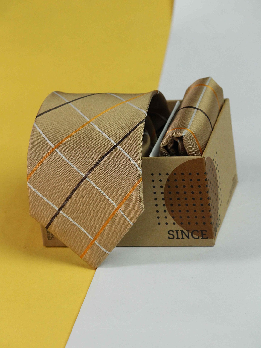 

Tossido Men Checked Tie and Pocket Square Accessory Gift Set, Gold