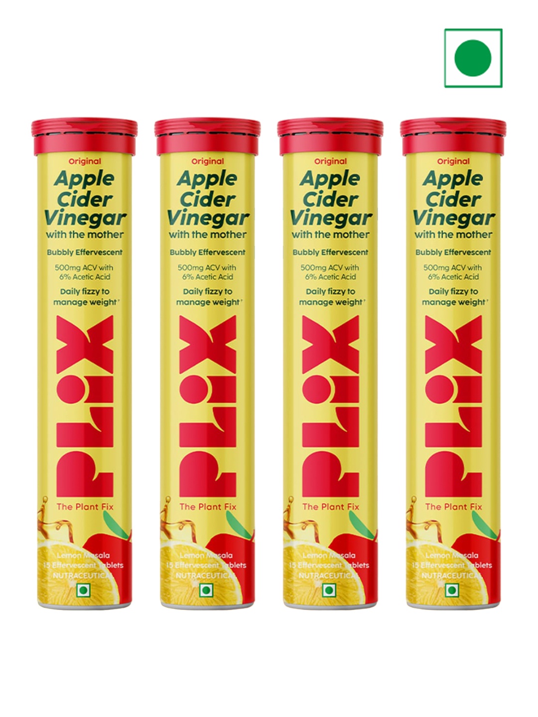 

PLIX THE PLANT FIX Set Of 4 Apple Cider Vinegar Tablet- Lemon Masala - 15 Tablet each, Yellow