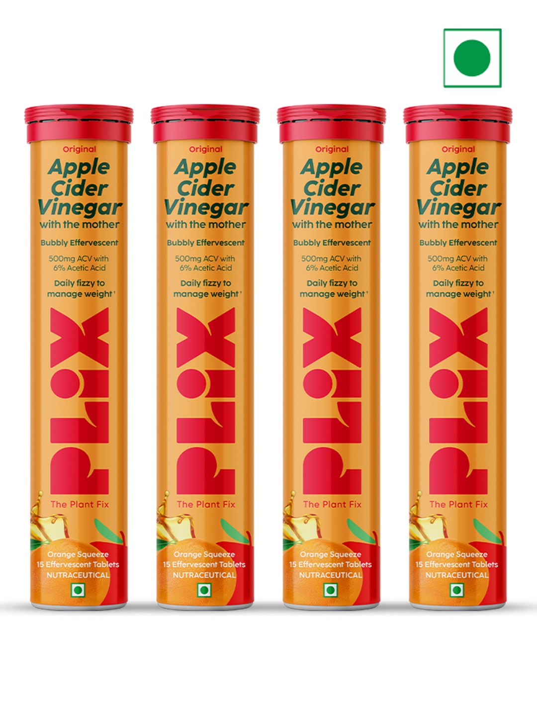 

PLIX THE PLANT FIX Set Of 4 Apple Cider Vinegar Tablet -Orange 15 Effervescent Tabs Each