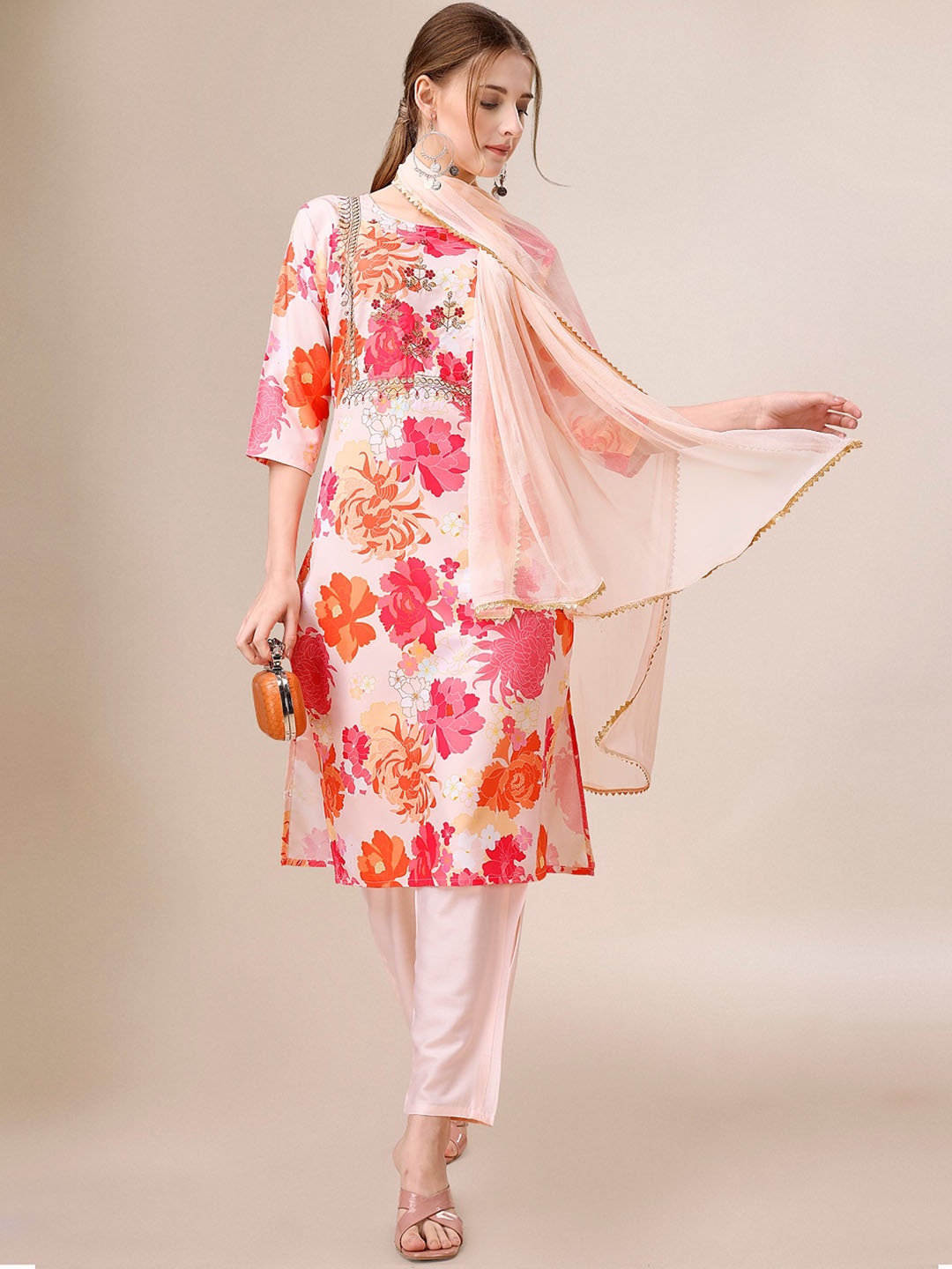 

Indian Women Floral Printed Regular Kurta with Trousers & Dupatta, Camel brown