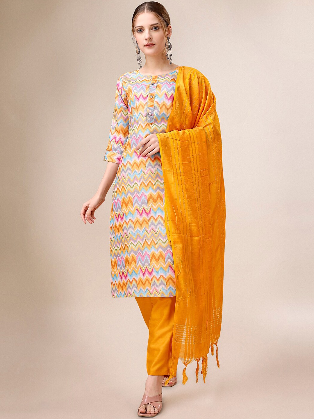 

Indian Women Chevron Printed Regular Kurta with Trousers & Dupatta, Mustard