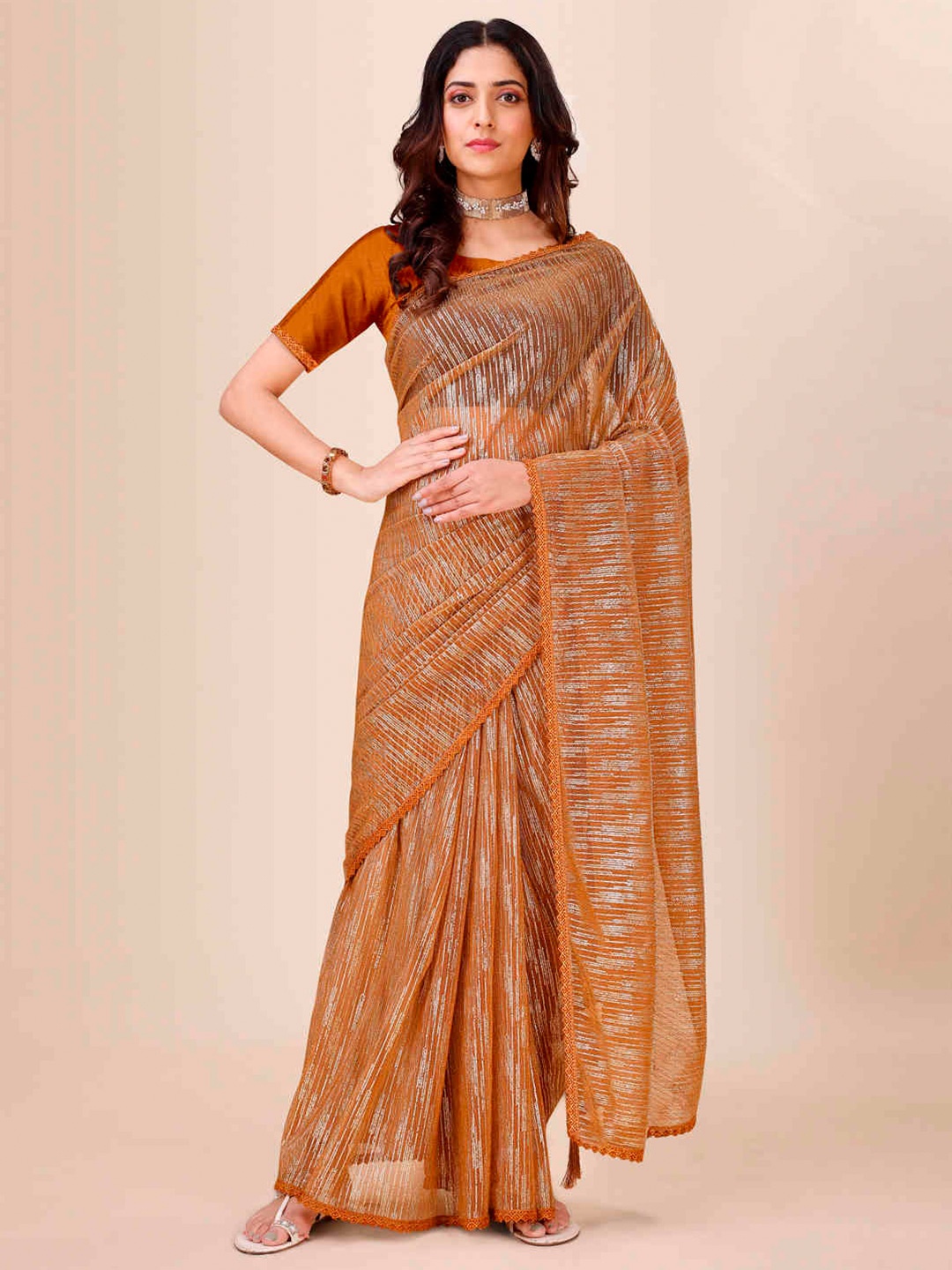 

Indian Women Striped Embroidered Saree, Brown