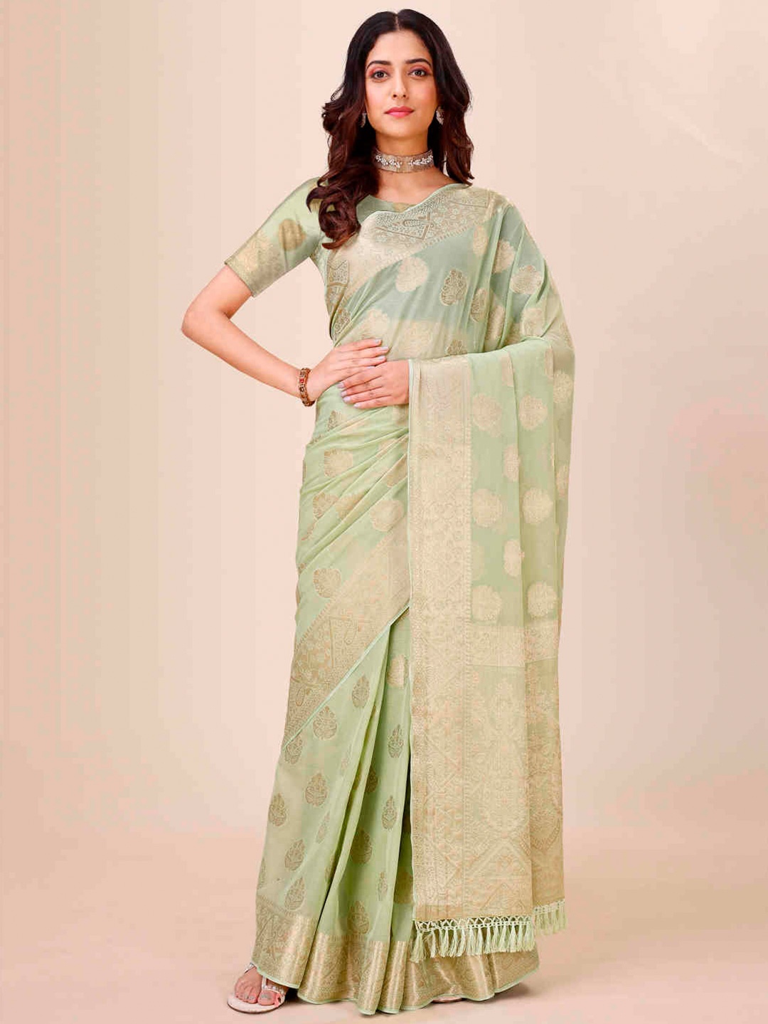 

Indian Women Ethnic Motifs Woven Design Zari Pure Chiffon Saree, Green