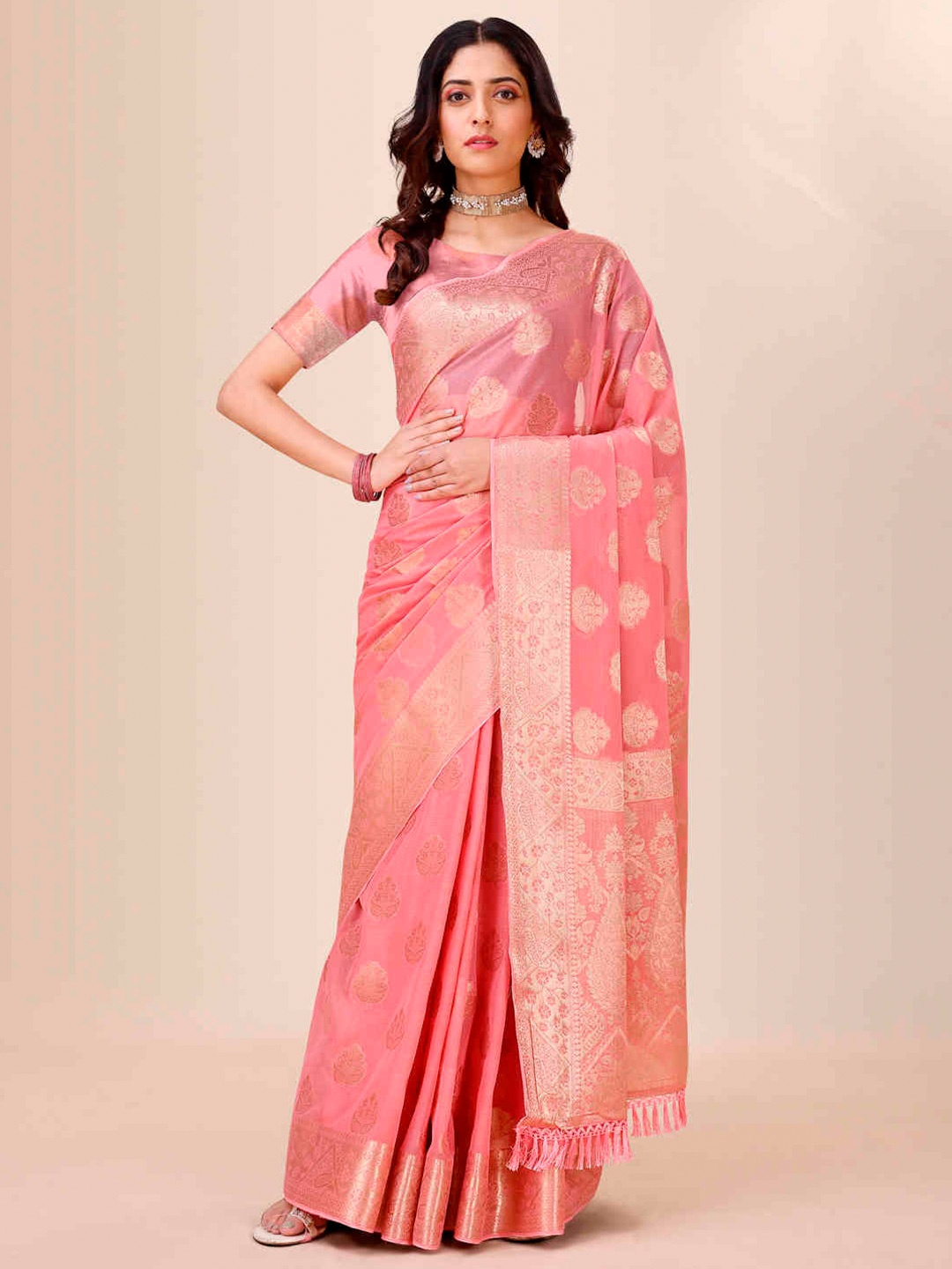 Indian Women Ethnic Motifs Woven Design Zari Pure Chiffon Saree, Pink