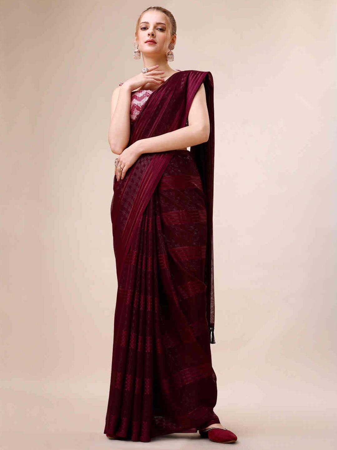 Indian Women Striped Satin Saree, Purple