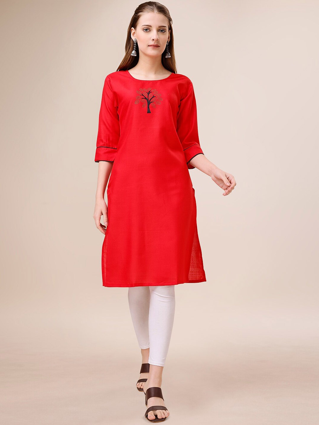 Indian Women Embellished Round Neck Stones & Beads Cotton Regular Kurta, Red