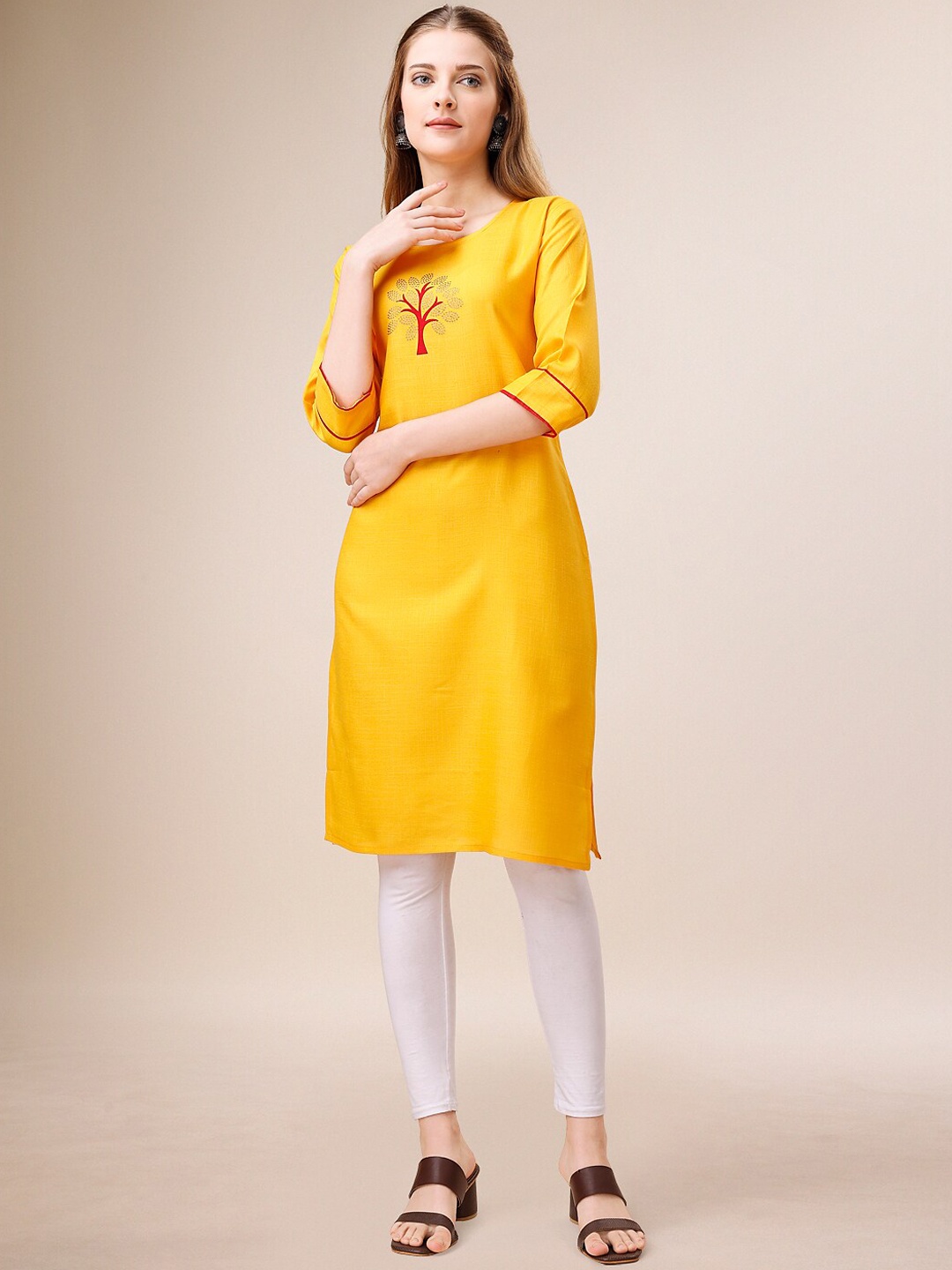 

Indian Women Embellished Round Neck Stones & Beads Cotton Regular Kurta, Yellow