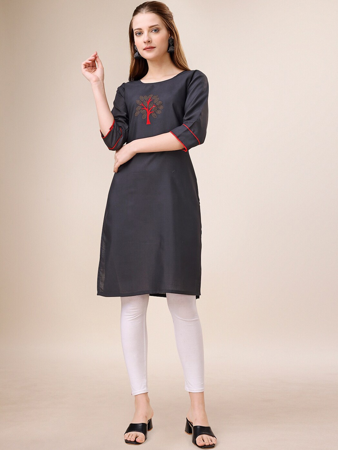 

Indian Women Embellished Round Neck Stones & Beads Cotton Regular Kurta, Black