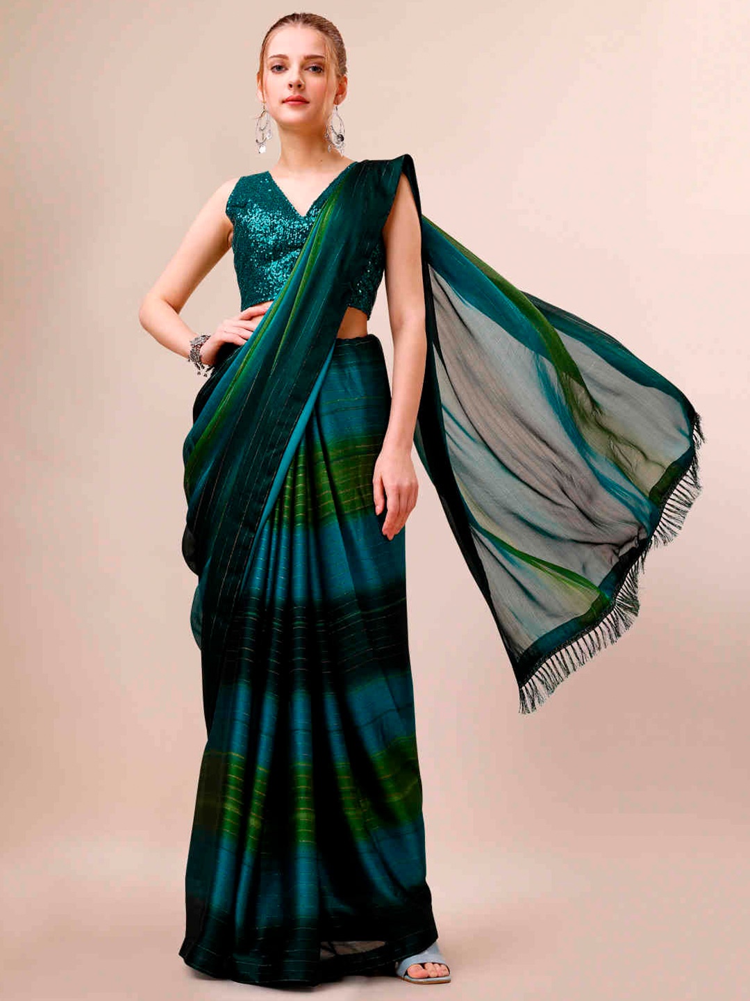 Indian Women Striped Pure Chiffon Saree, Sea green